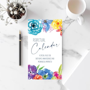Perpetual Calendar | Floral Watercolor Birthday Calendar | Celebration Calendar | Yearly Calendar | Spiral Bound Calendar