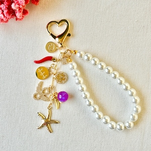 Custom Bag Charms Keychain With Pearl, Make Your Own Bag Charm Gold, Cute Car Keychains, Wallet Accessory, Purse Charm Chain, Gift For Her