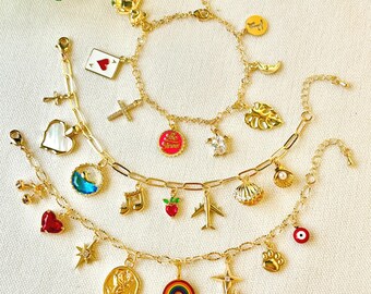 Custom Charm Bracelet, Personalized Jewelry for Women, Build Your Own Jewelry, Gold Vintage Chunky Charm Bracelets, Birthday Gift for Her