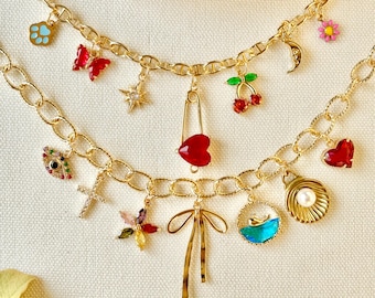 Benutzerdefinierte Charm Halskette, personalisierter Schmuck für Frauen, Bauen Sie Ihren eigenen Schmuck, Gold Vintage Chunky Charm Halskette, Muttertagsgeschenk für Sie