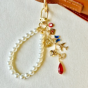 Custom Bag Charms Keychain With Pearl, Make Your Own Bag Charm Gold, Cute Car Keychains, Wallet Accessory, Purse Charm Chain , Gift For Her