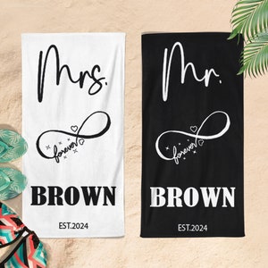 Personalized Mr. and Mrs. Beach Towel, Custom Forever Couple Towel, His and Hers Newlywed Gift, Just Married Bride Gift, Honeymoon Gift
