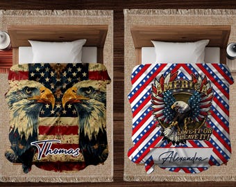 Personalized American Flag Blanket, Custom USA Throw, Xmas, Patriotic 4th of July Gift, Stars and Stripes Bedding, Veterans Day Home Decor