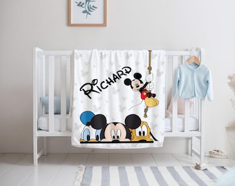 Personalized Disney Mickey Blanket, Custom Name Throw, Cute Cartoon Gift for Kids, Baby, Family, Christmas Gift, Aniversary Vacation Throw