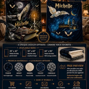 May include: Two custom blankets featuring magical themes with owls, castles, and the name Michelle. The graphic includes text like Wrap Yourself In Magic, Donatello Custom Design, and details on sizes, materials, and the ordering process for custom items.
