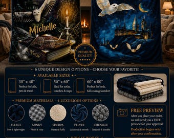 Wizard Blanket with Name, Custom Christmas Gift, Starry Night Blanket,  Magic Wizard Throw,  Best Fan Gift, Magic School, Fantasy Throw Gift