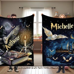 May include: Two personalized blankets with a fantasy theme. One features the name "Anthony" with an owl, castle, and books. The other has "Michelle" with an owl, castle, and moon. Both are dark blue with gold accents.
