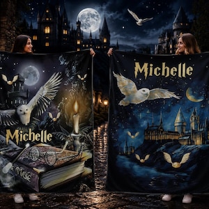 May include: Two black blankets with a personalized name in gold lettering. One blanket features an owl, a book, and glasses. The other blanket shows an owl flying over a castle. Both blankets have a night sky theme.
