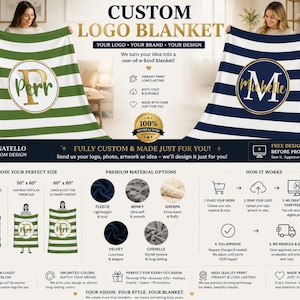 May include: A custom logo blanket display featuring two striped throw blankets, one green and white with a gold letter P, and one navy blue and white with a gold letter M. The graphic includes text, material options, and size charts.