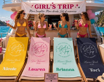 Personalized Girls Trip Beach Towel, Custom Name Bachelorette Party Gift, Bridesmaid Pool Towel Summer Vacation, Gift for Her, Custom Towel