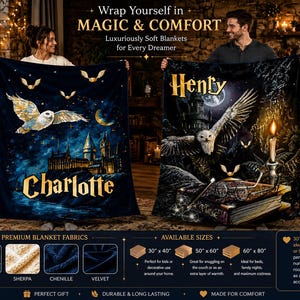 Wizard Blanket with Name, Custom Christmas Gift, Starry Night Blanket,  Magic Wizard Throw,  Best Fan Gift, Magic School, Fantasy Throw Gift