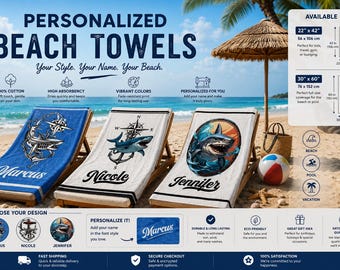 Shark Towel with Name, Christmas Gift, Personalized Beach Pool Bath Towel, Party Favor Gifts, Holiday Anniversary Vacation Gift for Him Her