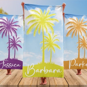 Palm Tree Custom Beach Towel, Personalized Name Birthday Gift, Family Vacation Gift, Adult/Kids Pool Towel, Bridesmaid Custom Beach Towel