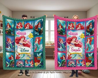 Custom Mermaid Blanket, Personalized Ariel Throw, Disney Princess Gift for Girls, Kids Birthday Present,Disney Little Mermaid Christmas Gift
