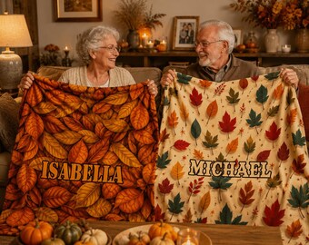 Personalized Autumn Blanket, Custom Name Fall Blanket, Leaf Throw Blanket, Cozy Gift for Her, Mom Grandma Gift, Fall Home Decor, Xmas Gift