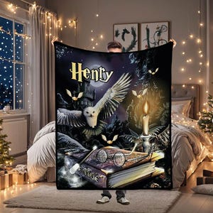 Custom Magic Wizard Blanket, Christmas Gift, Magic School Blanket with Name, Best Fan Gift, Wizard Throw, Starry Night Blanket Fantasy Throw