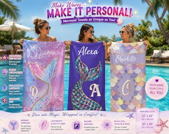 Custom Mermaid Beach Towel, Personalized Ariel Bath Towel, Disney Princess Gift for Girls, Summer Kids/Adults Present, Best Christmas Gift