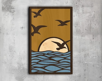 107- マルチレイヤーサンセットSVG | 3Dウォールアート | SVG Dxf Png Eps | ビーチウッドデコレーション | Cricut CNCレーザーカット | 木材、金属、紙 | Lightburnファイル