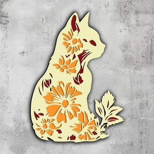 8- Silhouette florale de chat multicouche | Fichiers de découpe laser CNC Cricut | Svg Dxf Eps Png Lightburn | Art mural 3D Décoration d'intérieur | Xtool Glowforge
