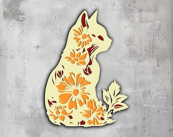 Floral Cat Silhouette – Laser Cut Files, 3D Wall Art (svg, dxf, eps, png)