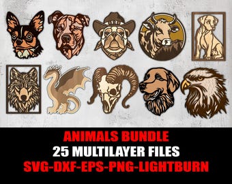 Diseños de animales en capas: archivos cortados con láser, Cricut, CNC (vector digital)