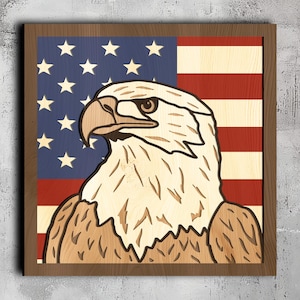 124- Multilayer Patriotic Bald Eagle with Flag | Svg Dxf Png Eps Lightburn File | Cricut CNC Laser Cutting | Paper Wood Metal | Glowforge