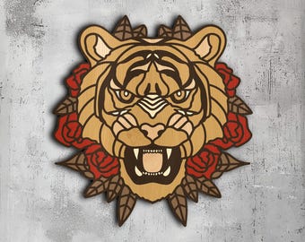 118- Tigre tradicional multicapa / Archivo Svg Dxf Png Eps Lightburn / Corte láser CNC Cricut / Estilo de tatuaje tradicional / Papel Madera Metal