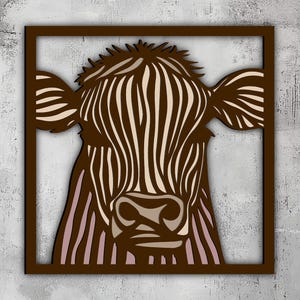 13- Kuh Multilayer 3D Wand KunstSvg Dxf Png Eps Lightburn Datei | Bauernhof Dekor Schnittdateien | Laser CNC Cricut Schichtholz Kunst | Glowforge Xtool