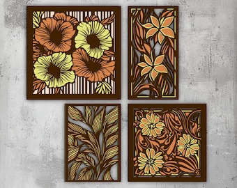 Set of 4 Botanical Floral Multilayer Art | Svg Dxf Eps Png Lightburn | Wall Art Decor | Flowers Laser Cut | Glowforge Xtool | Wood Art #25