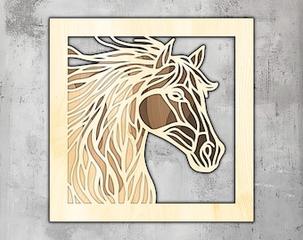 Wielowarstwowa grafika ścienna 3D z koniem – pliki wycinane laserowo (svg, dxf, png, eps)