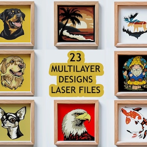 Paquete de 23 archivos multicapa: corte láser multicapa, formatos SVG, DXF y PNG, archivo Lightburn, ideal para cartulina, madera y cartón, Glowforge