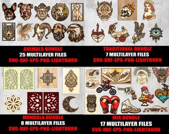 Mega Bundle de 57 diseños multicapa: archivos listos para usar para láser, CNC, Cricut y Lightburn: formatos SVG, DXF, EPS y PNG: Glowforge Xtool
