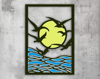 42- Gaviotas al atardecer 3D Arte de pared multicapa / Svg Dxf Png Eps Lightburn / Cricut CNC Corte láser / Decoración de pared / Arte de metal de madera de papel
