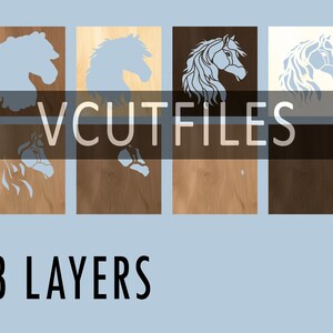 Puede incluir: Cuatro paneles de madera con una silueta blanca de una cabeza de caballo en cada uno. Los paneles est&aacute;n dispuestos en una cuadr&iacute;cula de 2x2. El texto "VCUTFILES" est&aacute; impreso en blanco sobre un fondo negro en el medio de la imagen. El texto "8 LAYERS" est&aacute; impreso en negro en la parte inferior de la imagen.
