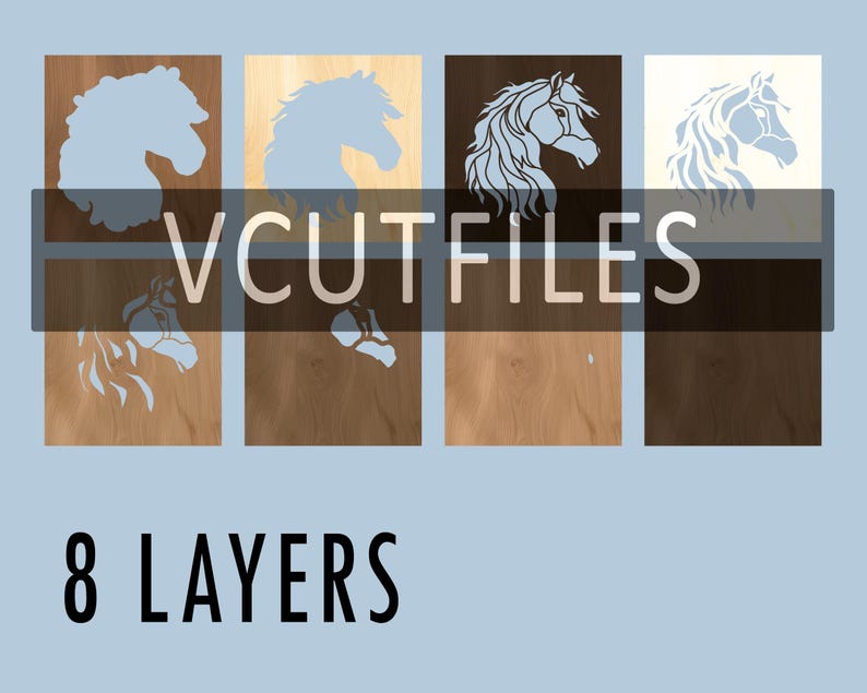 Puede incluir: Cuatro paneles de madera con una silueta blanca de una cabeza de caballo en cada uno. Los paneles est&aacute;n dispuestos en una cuadr&iacute;cula de 2x2. El texto "VCUTFILES" est&aacute; impreso en blanco sobre un fondo negro en el medio de la imagen. El texto "8 LAYERS" est&aacute; impreso en negro en la parte inferior de la imagen.