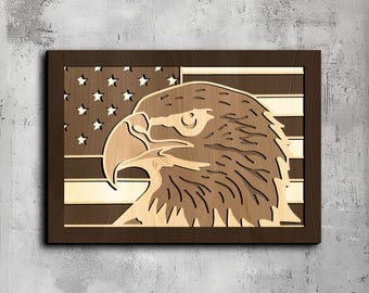 Arte mural 3D de águila calva y bandera patriótica - Archivos cortados con láser (svg, dxf, png, eps)