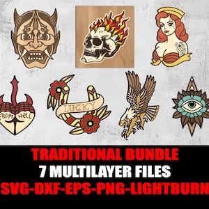 7 ontwerpen bundel gelaagd - traditionele Old School - Svg Dxf Png Eps - Lasergesneden bestanden - CNC en Cricut compatibel - Lightburn Ready - 3D-kunst
