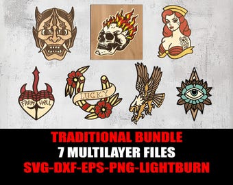 Diseños de tatuajes de la vieja escuela: archivos cortados con láser en 7 capas (svg, dxf, png, eps)