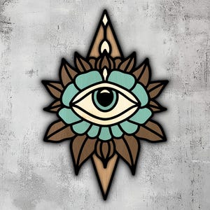 May include: A wooden wall hanging featuring a stylised eye surrounded by a teal flower and brown leaves. The eye is white with a blue iris and black pupil.