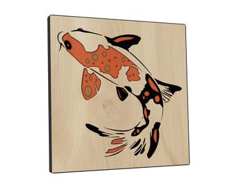 Carpa Koi 3D SVG en capas: Arte de madera cortado con láser, decoración japonesa (archivo digital)