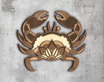 100- Cangrejo floral multicapa / Arte de pared 3D / Svg Dxf Png Eps / Decoración de madera marina / Corte láser CNC Cricut / Madera, metal, papel / Archivo Lightburn