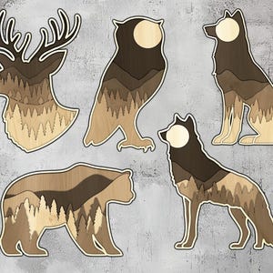 Bundle Laser Cut Files - Layered Animals - Multilayer Files - SVG DXF PNG Lightburn File - Glowforge Xtool - Bear Wolf Owl Deer - Wild Life
