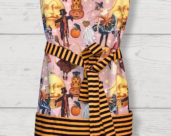 Retro Graphics Halloween Apron with Vintage Vibes - Orange & Black Striped Pockets