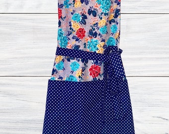 Blue Flowers Polka Dots, Vintage vibes, kitchen cook chef baker mom girlfriend stocking stuffer
