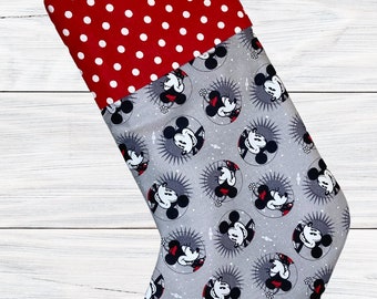 Mouse Fabric Hand Made Christmas Stocking, Polka Dots or Stiped Cuff, Customizable, Personalized, Lined Cotton, X-Mas Stocking