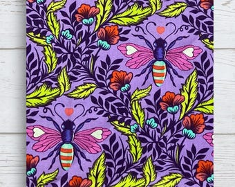 Purple Love Bee Fabric Book Cover: Adjustable Cotton Book Sleeve