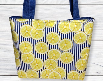 Lemon & Blue Stripes Shoulder Bag: Handmade Citrus Tote
