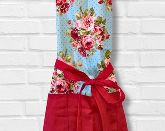 Apron - Pretty flowers on light blue polka dots, red pockets and ties, vintage vibes, kitchen cook chef baker mom grandma stocking stuffer