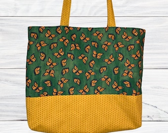 Handmade Tote Bag Monarch Butterfies on Green with Yellow Accents, Cotton Fabric Purse Handbag Bookbag Grocery bag