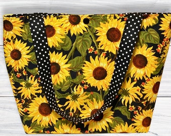 Sunflower Polka Dot Tote Bag: Handmade Cotton Shoulder Bag